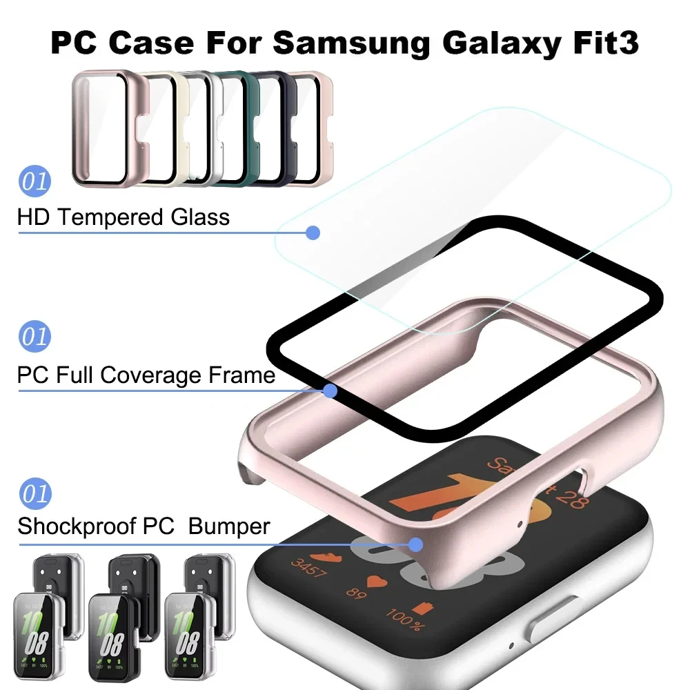 Glass+case for Samsung Galaxy Fit 3 All-Around Screen Protector Hard PC Bumper Tempered Glass for Galaxy Fit 3 Replaceable Case