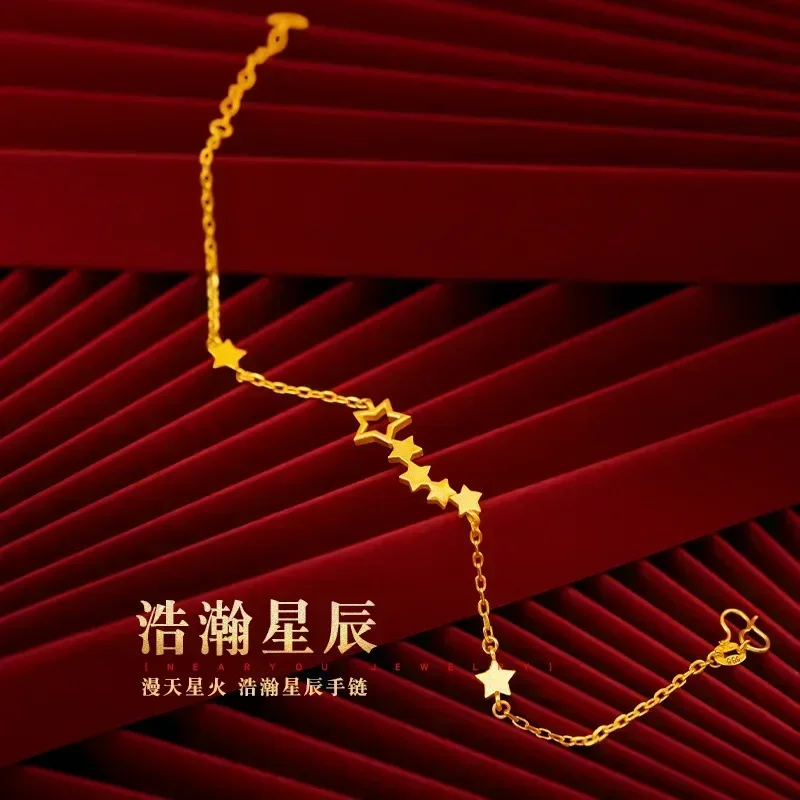 

24K Women's Small Fresh Star Yellow Gold Bracelet, Gold Wrist Chain for Women Fashion Wedding Party 999 Real Charm Jewelry