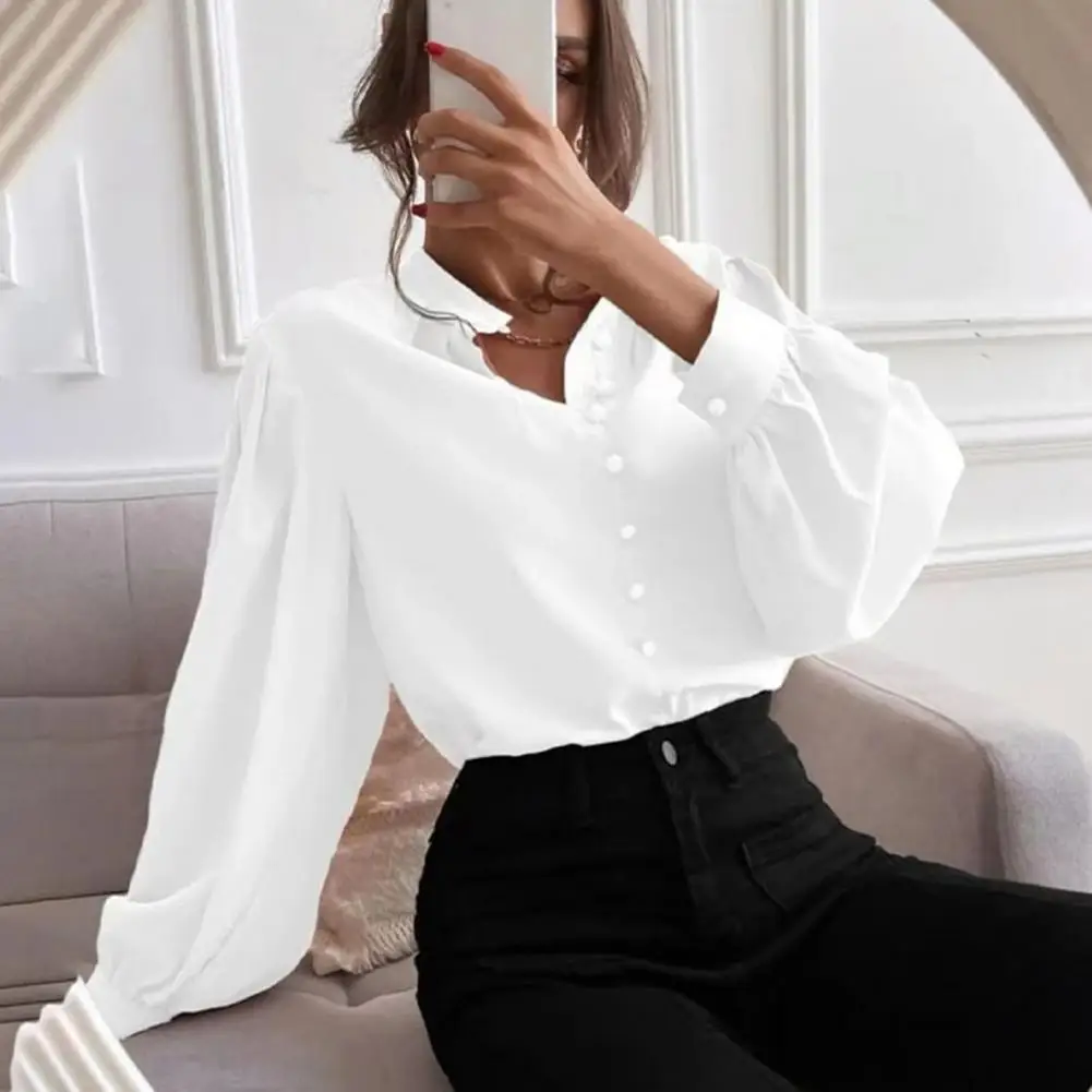 Women Shirt Tops Lightweight Breathable Women Shirt Stand Collar Lantern Sleeve Women's Shirt Tops Solid Color Loose for Stylish