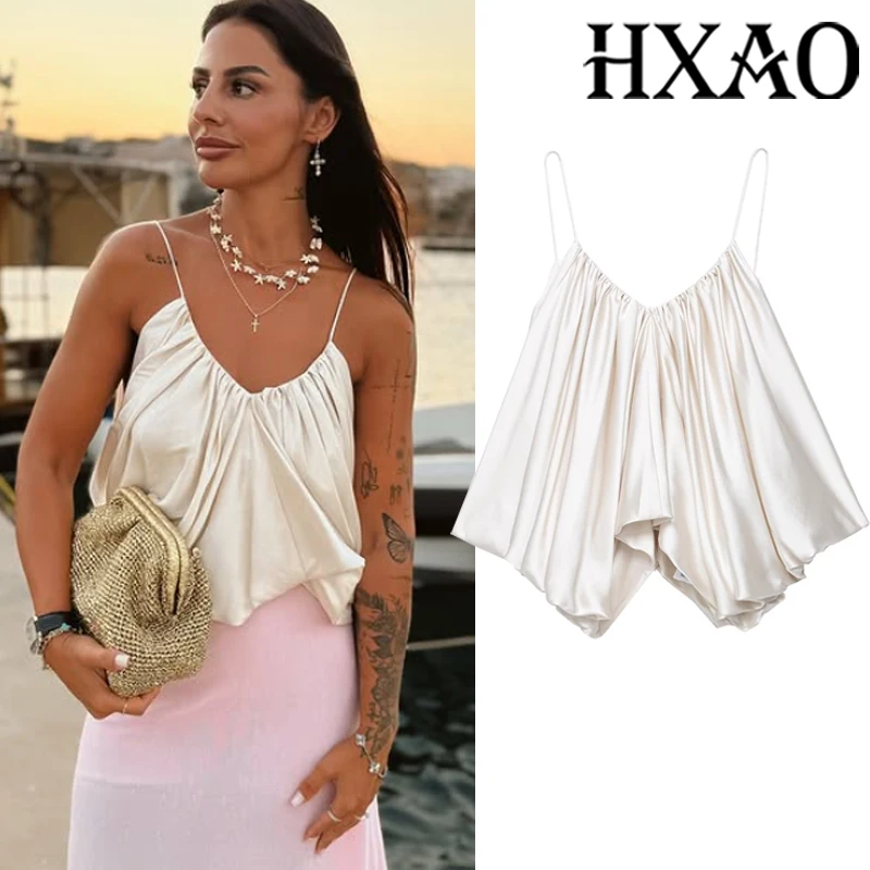 

HXAO Pleats Slip Top Women Summer Corset Woman Crop Tops Sleeveless Satin Tank Tops Backless Party Asymmetrical Tops Sexys