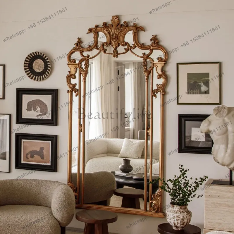 French retro carved full body wall-mounted full-length mirror American luxury floor-to-ceiling mirror