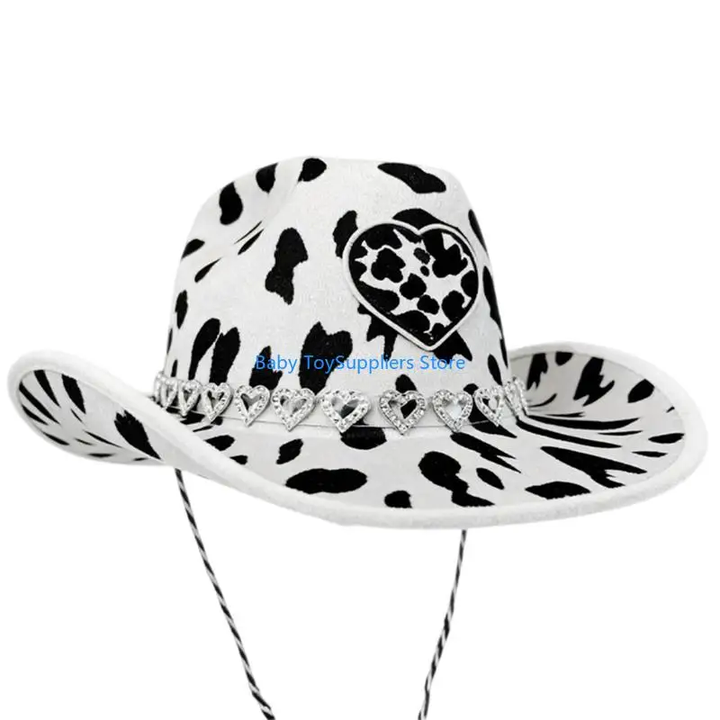 

R1WF модные ковбойские шляпы унисекс с узором коровы и стразами, удобная ткань
