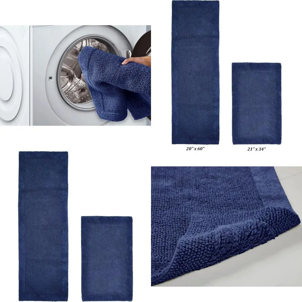 

Набор двусторонних ковриков для ванной из 100% хлопка, моющиеся, комфортные, быстросохнущие, впитывающие, с темно-синей окантовкой