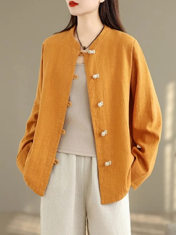 เสื้อผ้าสไตล์จีนโบราณ ผ้าฝ้ายลินิน แขนยาว ไซส์ใหญ่ สำหรับผู้หญิง ปกตั้งติดกระดุม สไตล์เซน ชุดชงชา เสื้อคลุมใส่ในฤดูใบไม้ร่วง