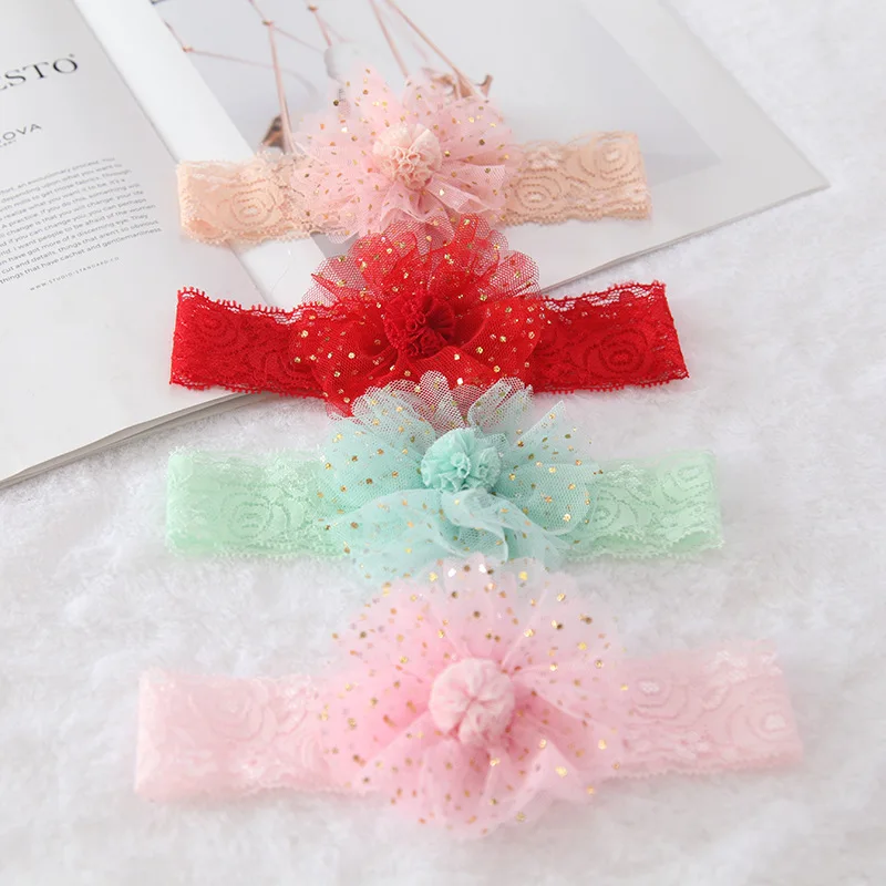 

Gold Glitter Chiffon Flower Headband Children Mesh Lace Headband Baby Girls Cute Hair Flower Hair Accessories Newborn Headwrap
