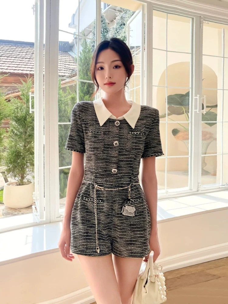 Jumpsuit Gray Striped Stretch Spring Summer New French Elegant Modern Chic For Women Single Breasted Lapel Short Sleeve Romper
