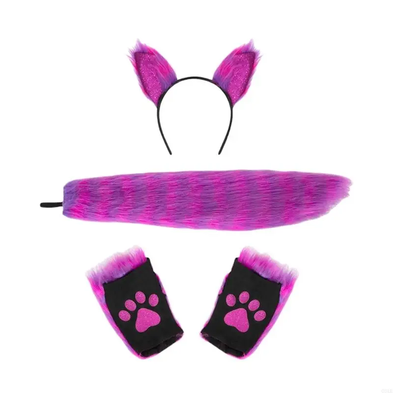 Q0KE Accessori per costumi da volpe, fascia per orecchie animali, coda guanti in peluche per bambina, cosplay Natale,