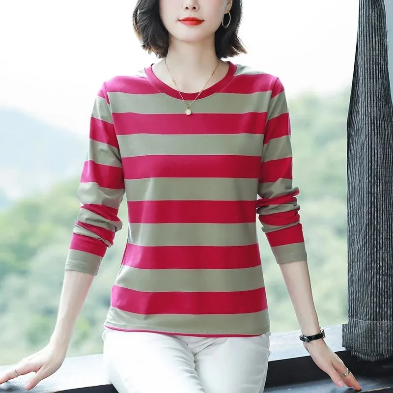 

Middle Age Mom Large Size Cotton Long Sleeved Stripe Round Tees Neck T-shirt Tops Spring Autumn Middle Aged Mother Loose Tshirt