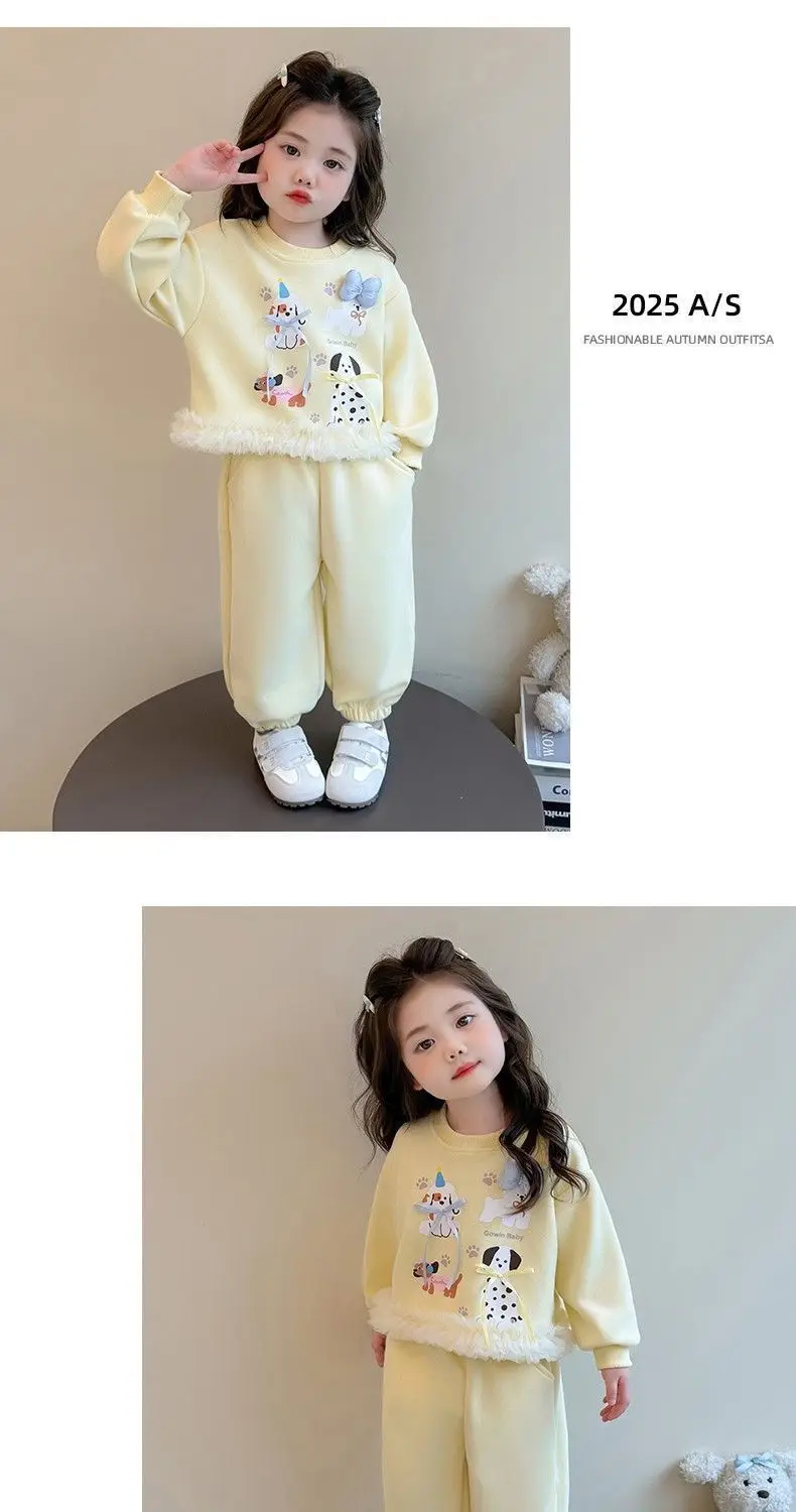 Neue Herbst-Babykleidungssets für Mädchen, niedliche Kinder-Sweatshirts mit Welpenmuster und Spitzenrüschen am Saum + Hosen, 2-teilige Freizeit-Outfits für Kinder, Prinzessinnen-Look – Detail 8