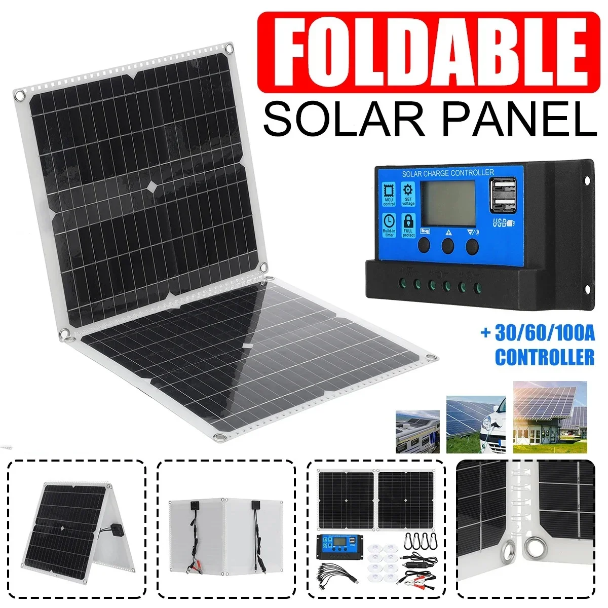 Folding 500W Solar Panel With Dual USB+DC Output Portable Charging Device Outdoor Mobile Power Supply With 10A-100AController