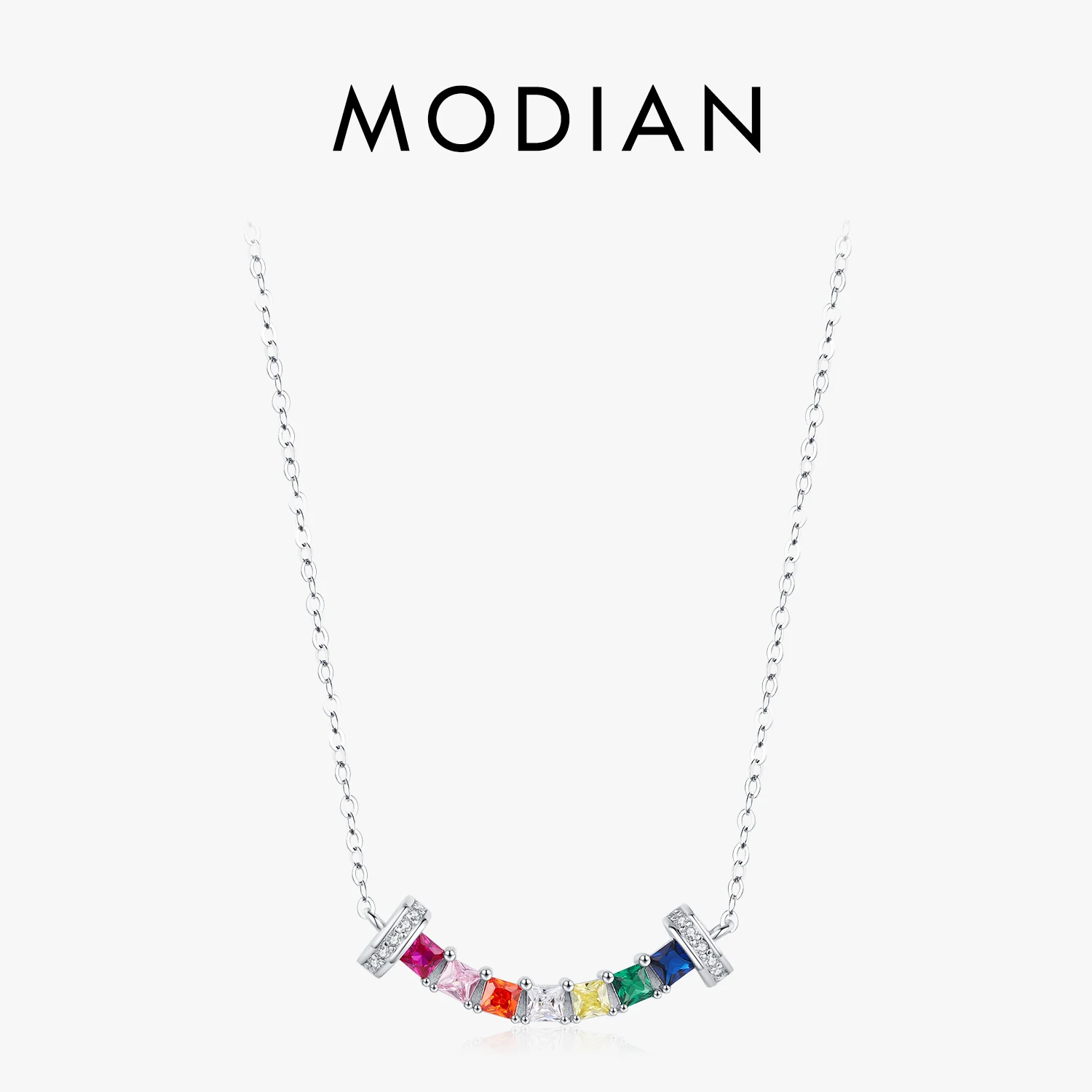 MODIAN 925 Sterling Silver Smile Square Rainbow Kolorowy naszyjnik z cyrkoniami Modny łańcuszek na szyję dla kobiet Drobna biżuteria