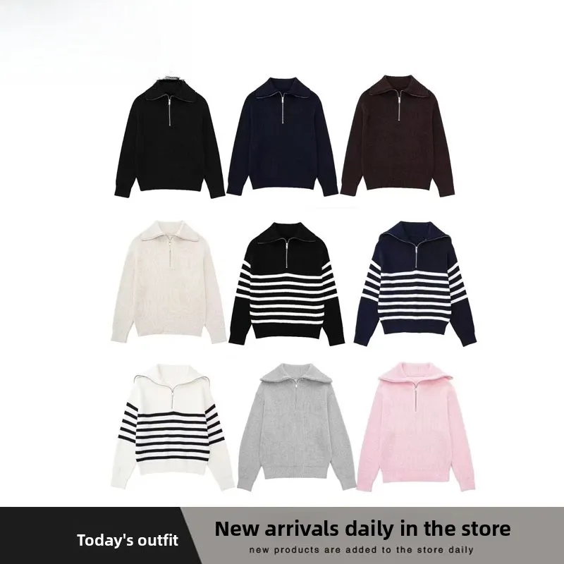 

Faionable Striped f Zip Knitted Sweater Mixed Fabric Women's Casual Sle Long Sve Warmth Provided Autumn New Arrival