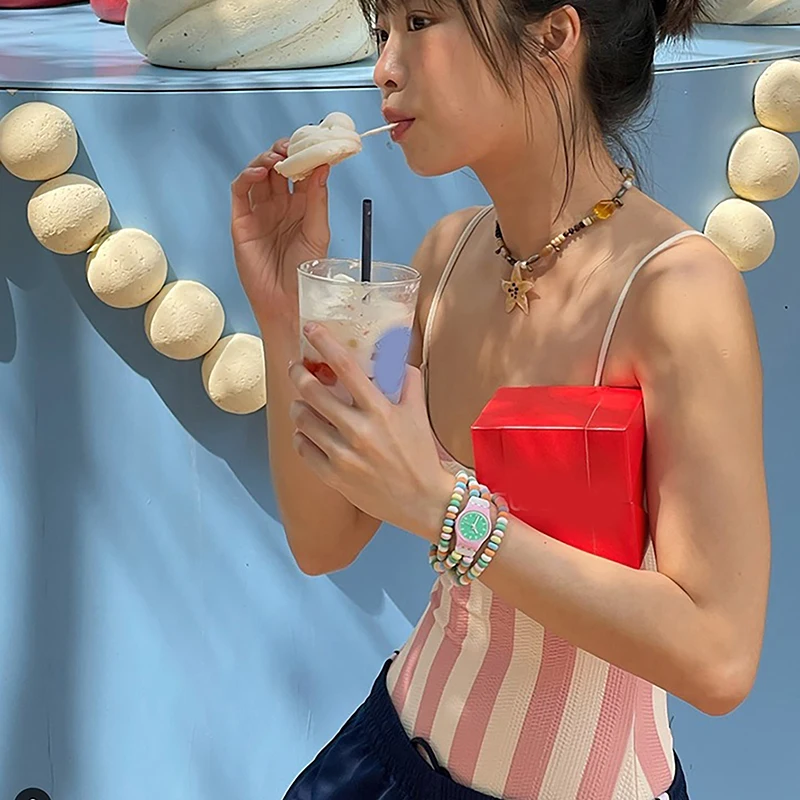 HUA HUA Costume da bagno per donna Costume da bagno sportivo Tuta estiva con petto carino a righe rosa raccolto per le vacanze al mare