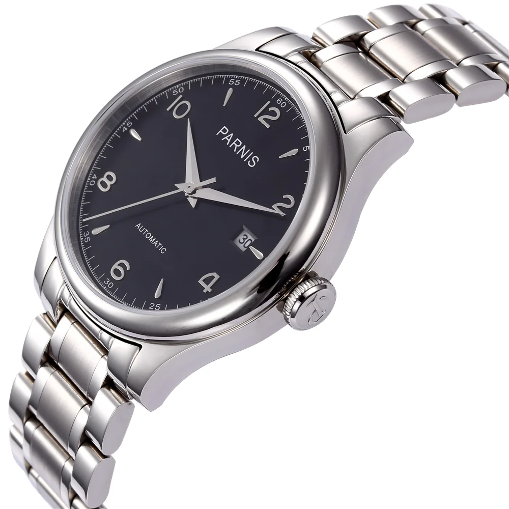 38mm Parnis Miyota Relógio Masculino Automático Pulseira de Aço Inoxidável com Vidro Safira