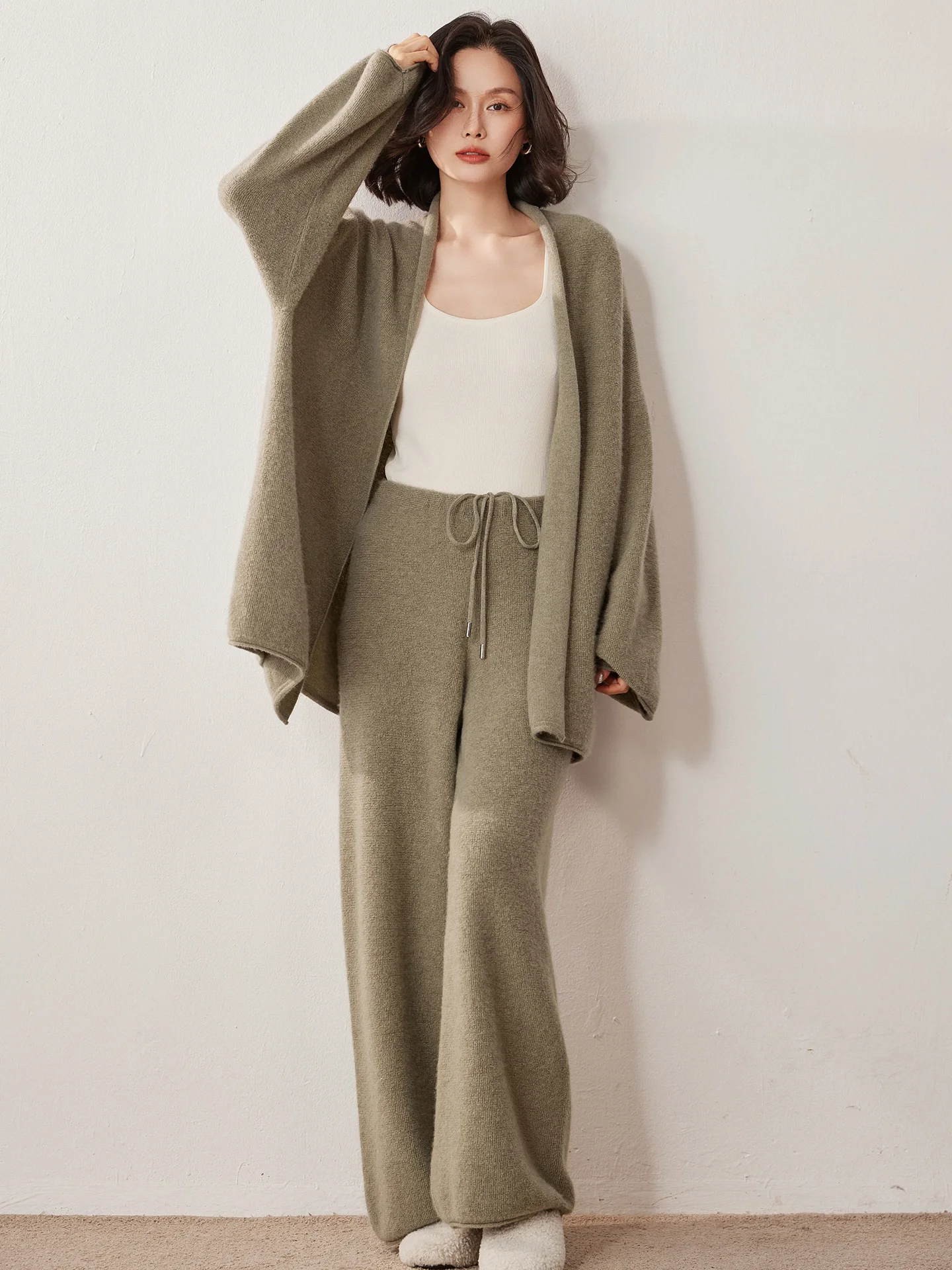 Autumn Winter 100% Cashmere Suit Women's Cardigan Knitted Sweater Soild Tops High Waisted Wide Leg Pants Sets High-end Comfort