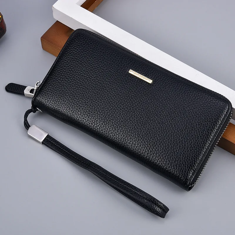 Fashion Men\'s Long Mobile Phone Bag Business Leather Multi Function High Capacity Zipper Wallet with Hand Belt