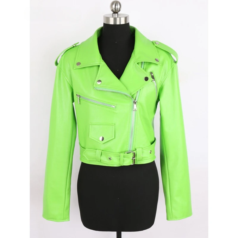 Spring Autumn Short Green Stylish Faux Leather Biker Jacket Women Zipper Long Sleeve Fashion Coat