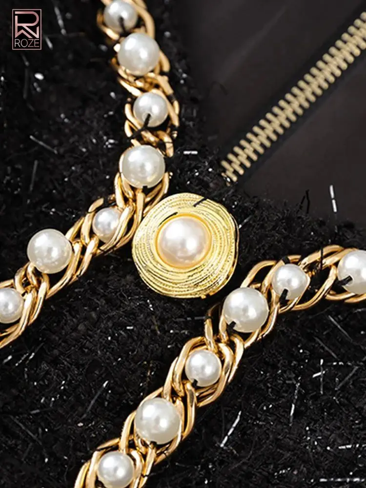 럭셔리 진주 체인 숏 트위드 드레스 여성 싱글 브레스티드 장식 민소매 슬림 미니 드레스 여성 이브닝 파티