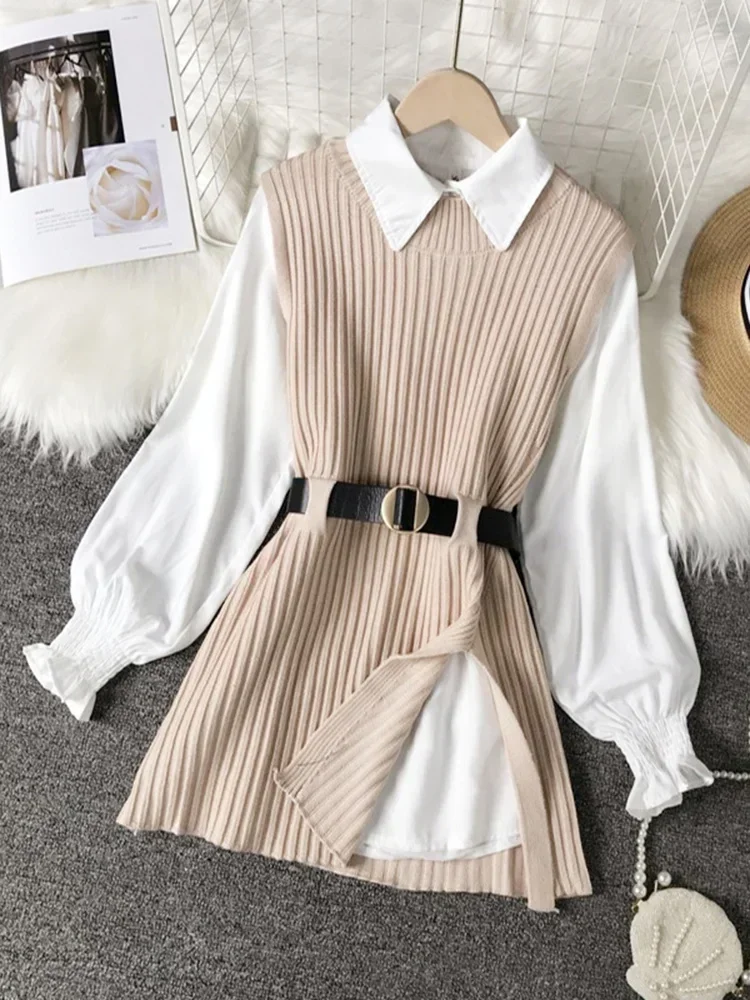 2024 New Autumn Fashion Chic Lace Up Waist Closing Knitting Vests + Lapel White Casual Long Sleeve Shirts Female SM1747