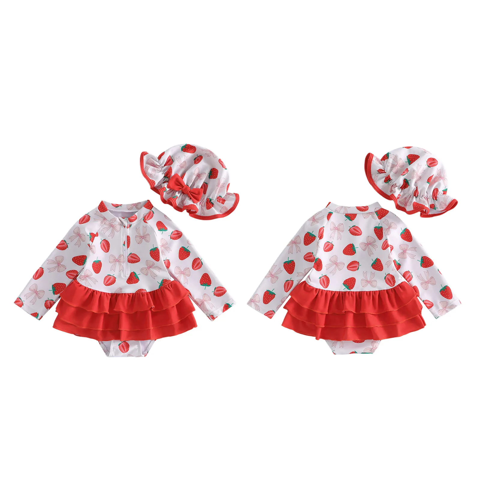 

Toddler Baby Girl Rash Guard Holiday Swimsuit Infant Casual Strawberry Bow Print Swimsuit Long Sleeves Bathing Suit With Hat