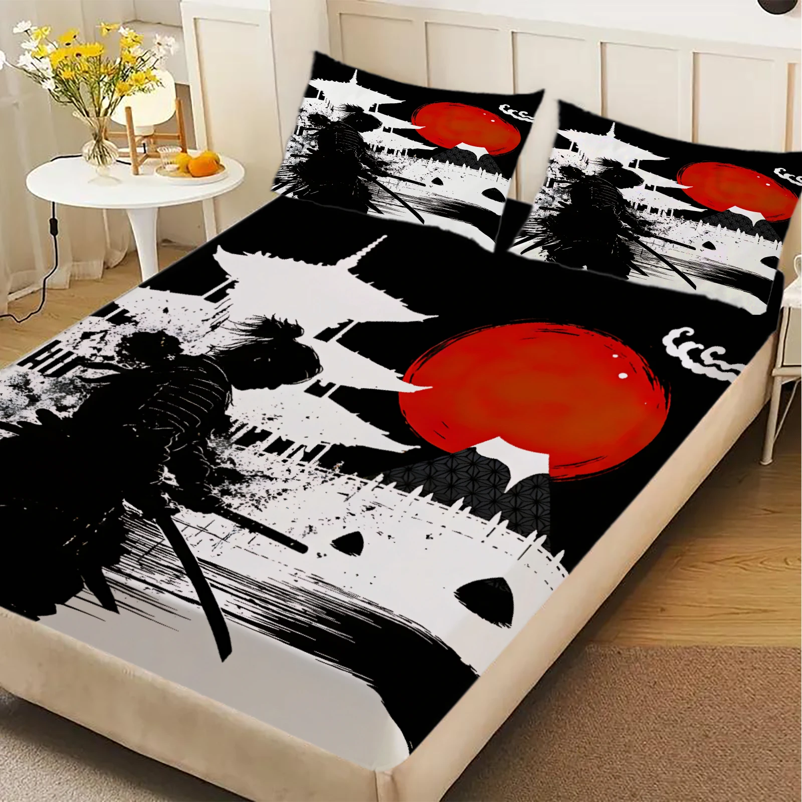 

Watercolor Painting Fitted Sheet Set Japanese Samurai 3D Print 100% Polyester Mattress Covers Breathable Set With 2 Pillowcases