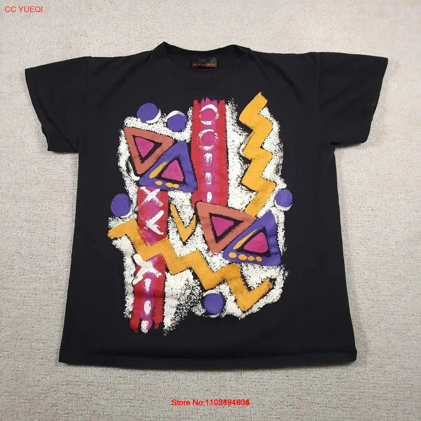 Vtg Marika T Shirt Mens OSFA All Over Print Black Art Painting Abstract 90s USA vintage Washed fashion Stretched