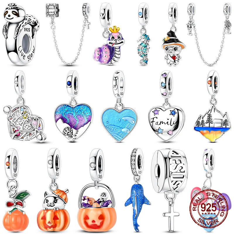 

Original 100% Sterling Silver Halloween Pumpkin Beaded Candy Pumpkin Basket Charms Fit Women Bracelets DIY Jewelry Making Gifts