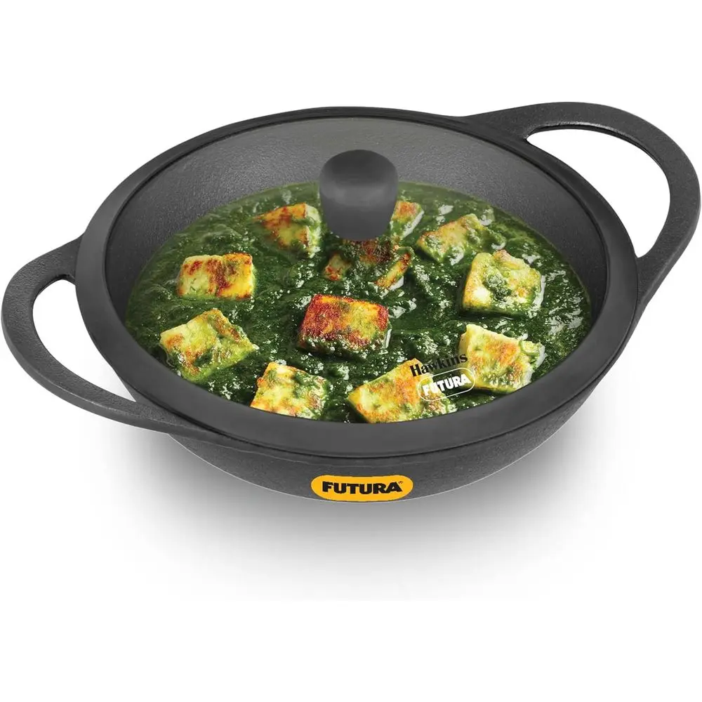 

3.5L Nonstick Cast Iron Kadhai with Glass Lid, Black Cast Iron Cookware for Kitchen