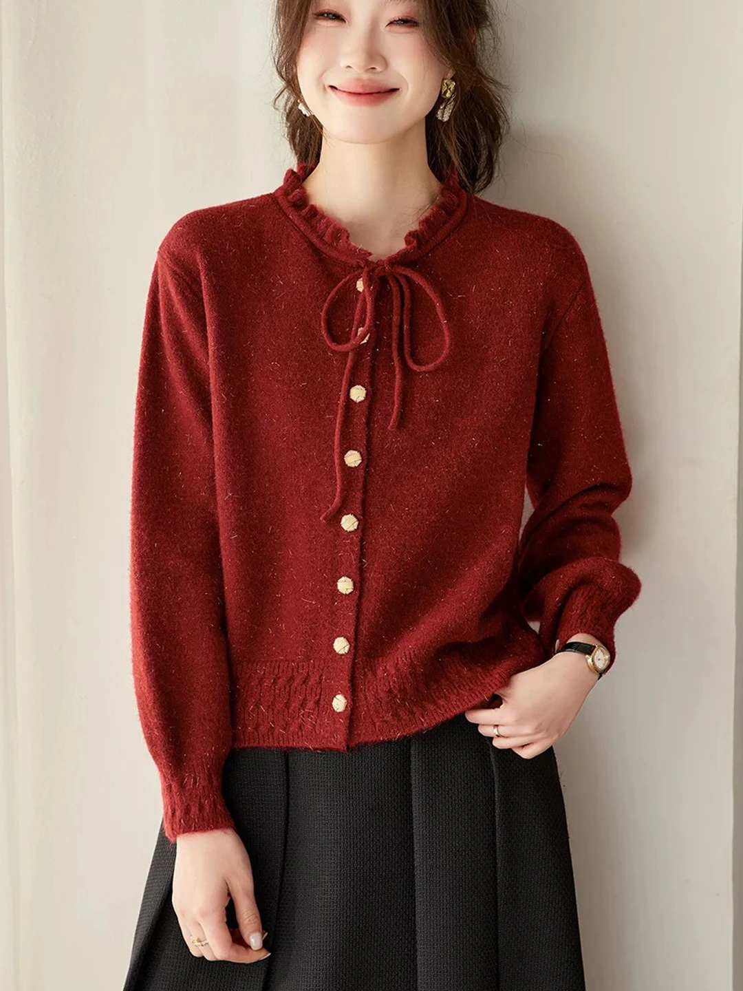 2026 New Fashion Small Size Women's Knitted Cardigan Coat with Bow Tie Earlet Collar Red Sweater Casual Loose Fit Soft Polyester
