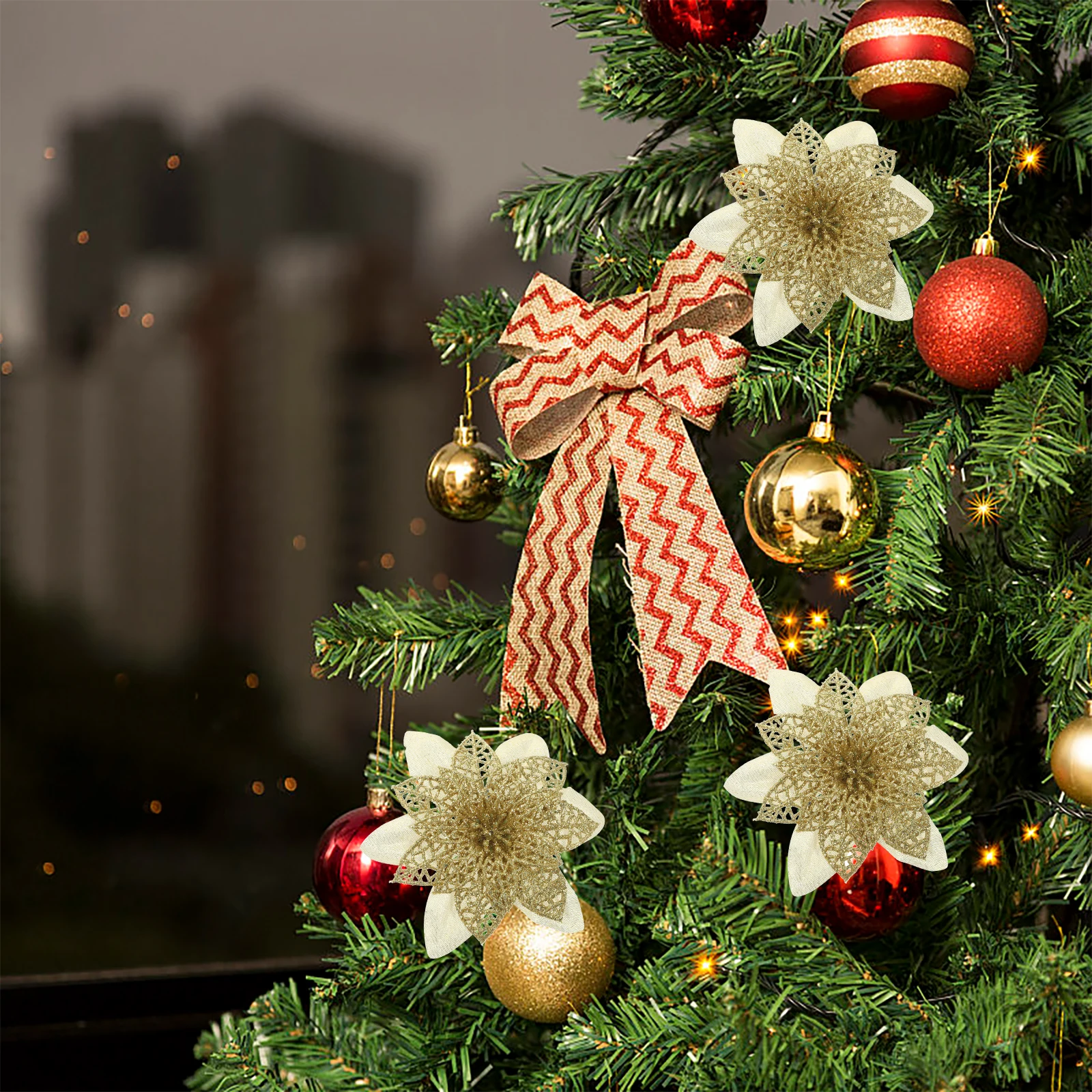 

12 Pcs Christmas Decor Artificial Flower Ornaments Poinsettia Flowers Interior Decoration Decorative Golden Decorations