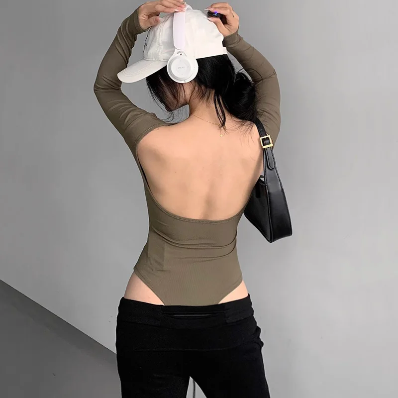 Spicy girl sexy backless tight fitting jumpsuit women's elastic slim fit solid color long sleeved T-shirt V902