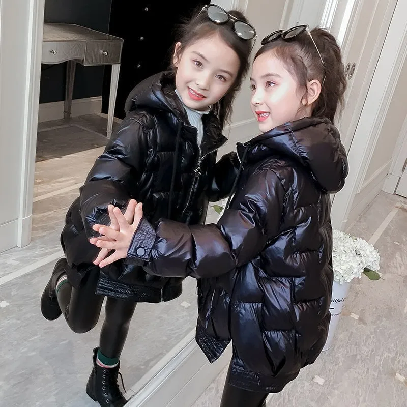 Kids Girls Smooth Fabric Hooded Jackets Long Coat Teen Overcoat Winter Children Outdoor Sports Windproof For 4-14 Years Old