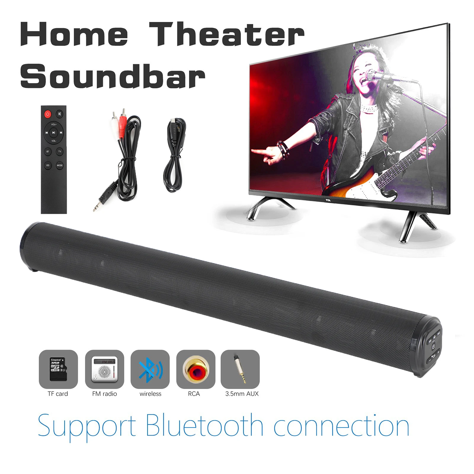 Barra de sonido de TV Bluetooth con subwoofer inalámbrico, altavoces de sonido envolvente 3D, sistema de sonido estéreo de barra de sonido de cine en casa para TV