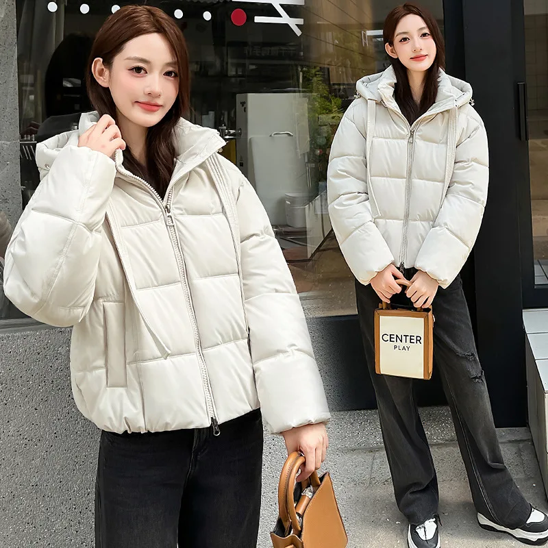 Bubble Puffer Jacket Women Attached Hood Decorative Strap Zip Closure Cropped Length Padded Coats Solid Thick Winter Outerwear