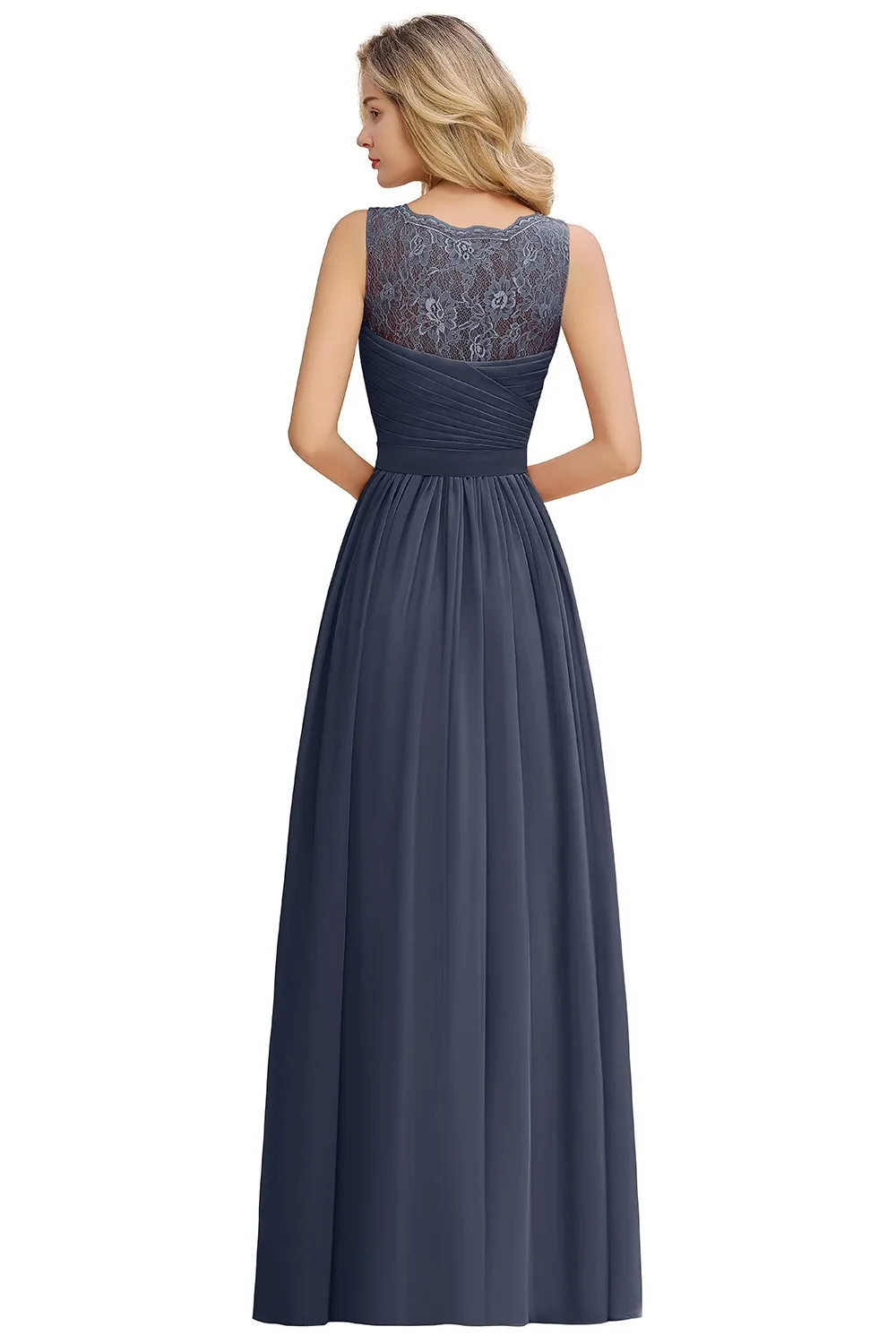 BABYONLINE Elegant Bridesmaid Dress Pleated Bodice See-through Lace Cap Sleeves Maxi Flowy A-Line Skirt Wedding Party Gown Women