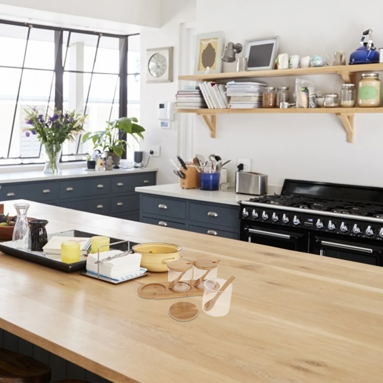 

1Set Household Glass Spice Box Bamboo Lid Wear Resistant Seasoning Container Kitchen Storage Multi-Function Spice Jar