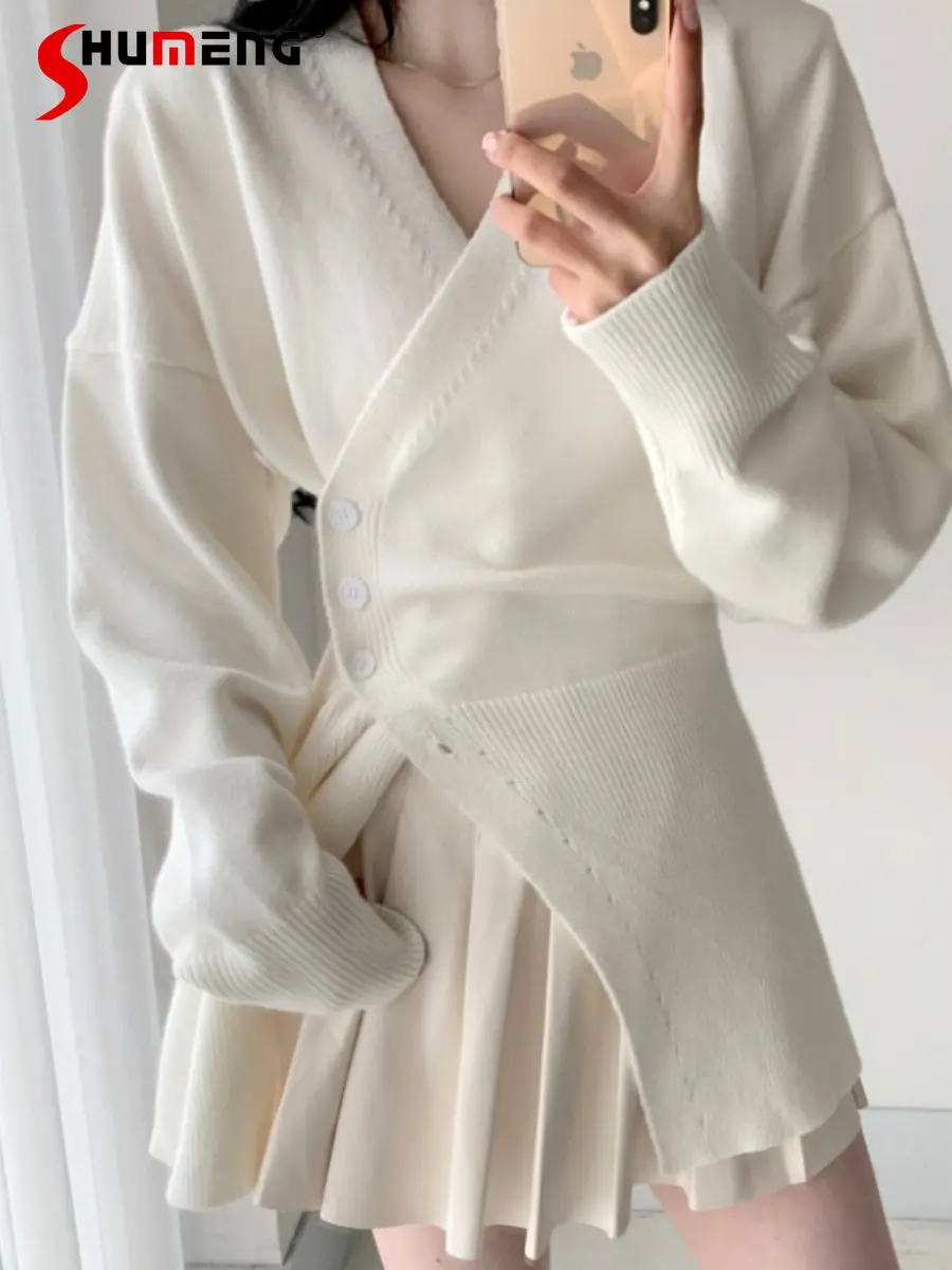 

Korean Style Autumn Winter Design Cross V-neck Side Buckle Slim Waist Knitted Cardigan Slim Fit White Mid-Length Sweater Women