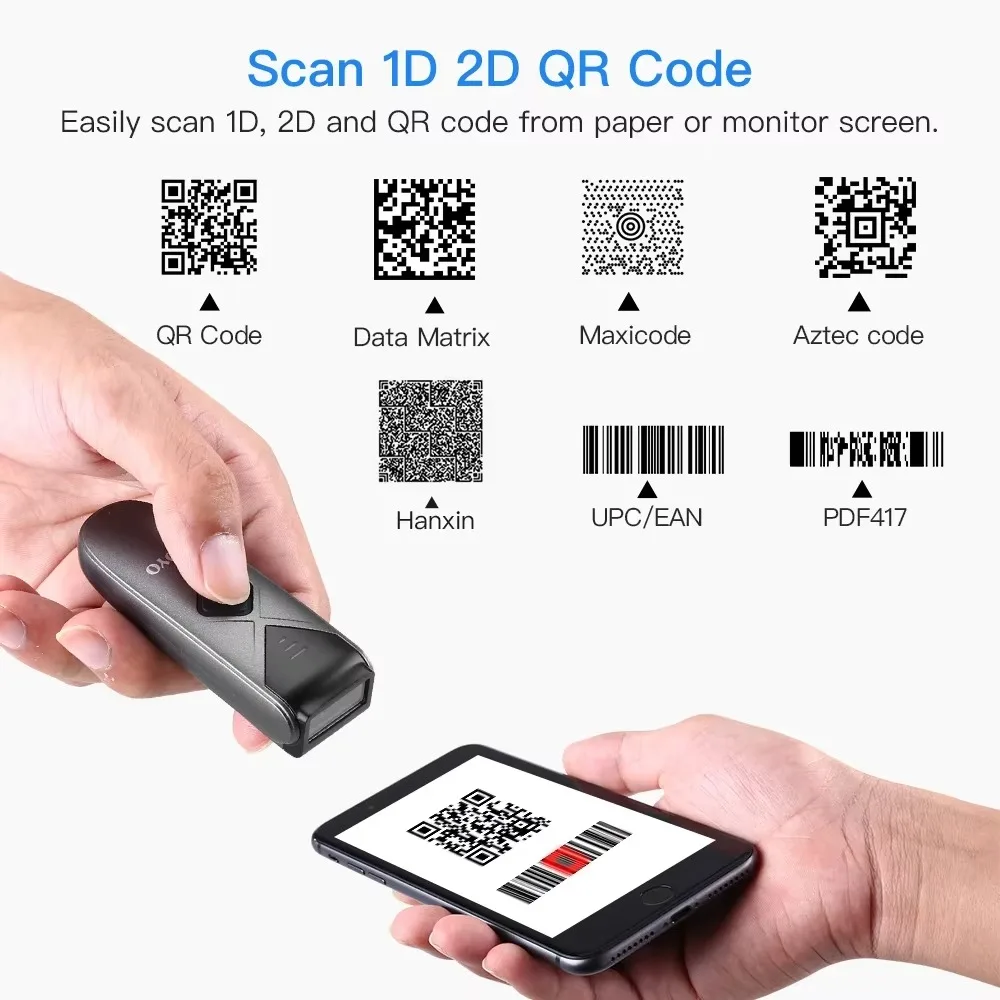 Eyoyo Barcode Scanner Mini Portable Bluetooth Barcode Reader USB Wired/Bluetooth/ 2.4G Wireless 1D 2D QR PDF417 Barcode Scanner