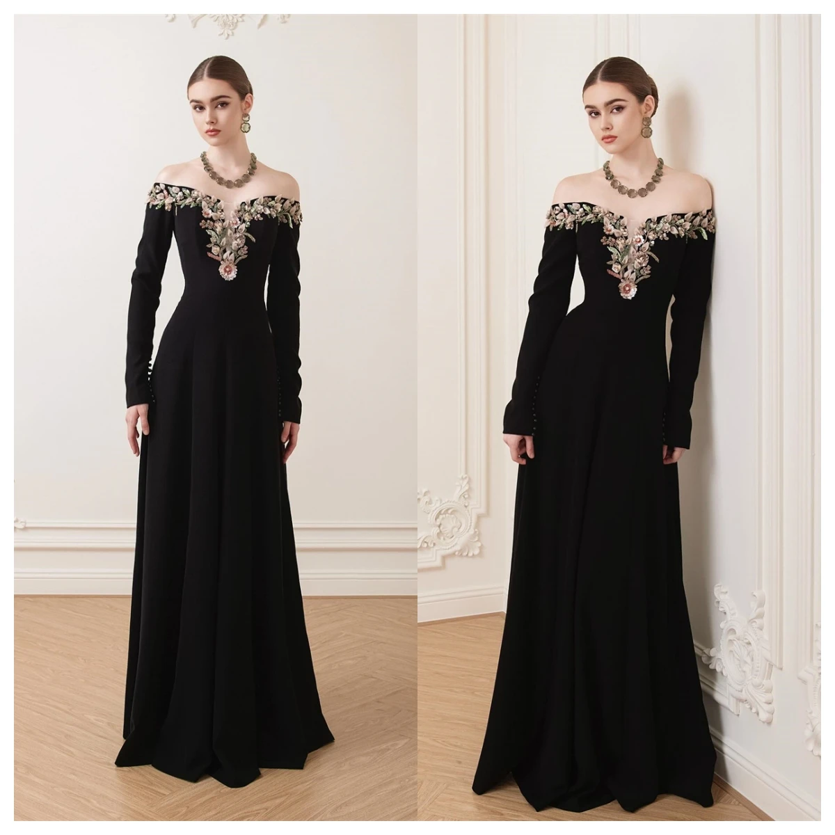 Customized  Graceful Black Jersey Evening Dress Boat Neck Off the Shoulder Long Sleeves Celebrity Gowns Special Occasion Gowns