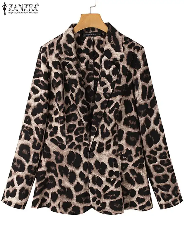 ZANZEA 2024 Autumn Fashion Ladies Office Suits Women Blazer Spring Leopard Printed Lapel Coat Oversized Button Outwear Femininas