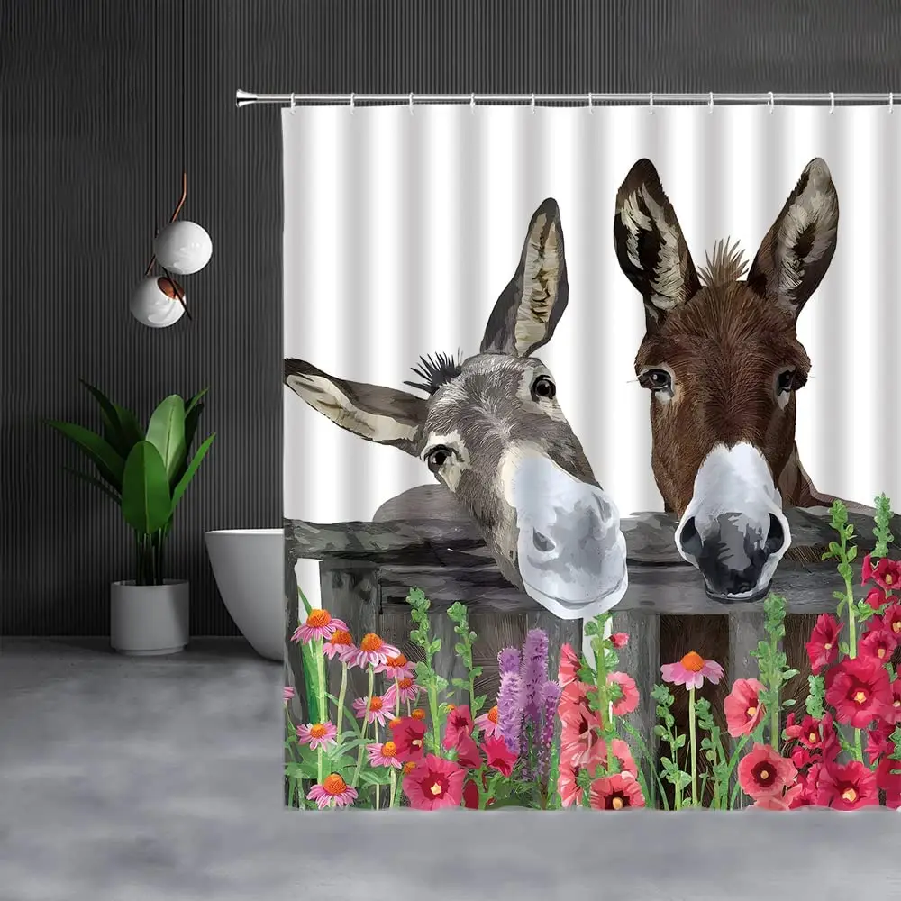 Funny Donkey Floral Shower Curtain Farm Animals Rustic Wood Board Farmhouse Country Barn Door Rural Bathroom Curtain with Hooks