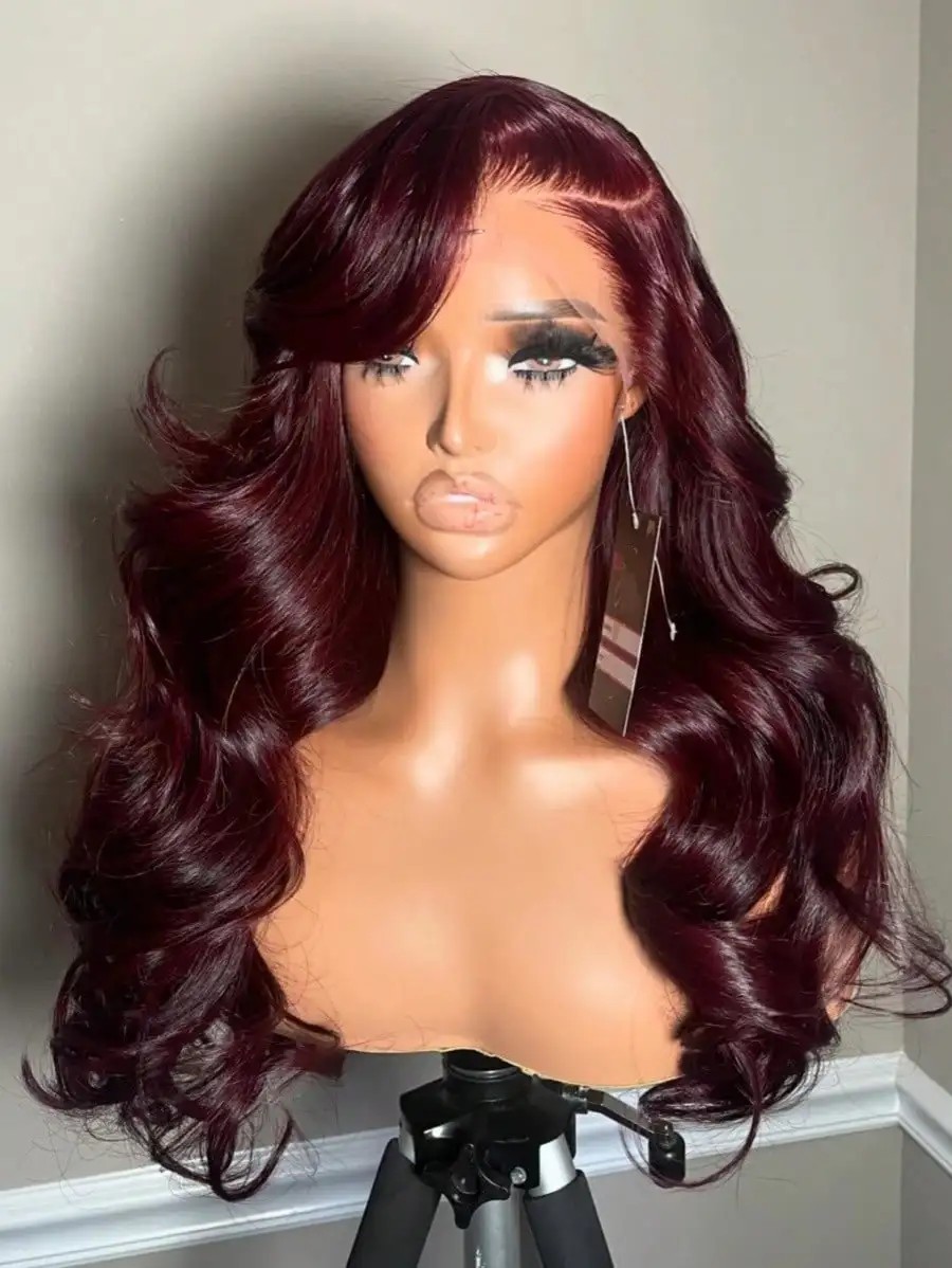 34 pulgadas 200% 99J Color burdeos 13x4 pelucas frontales de encaje transparente cabello humano onda del cuerpo prearrancado con pelo de bebé para mujeres