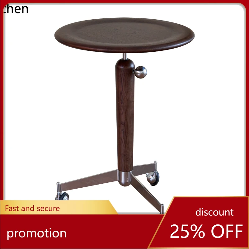 

HT sundae liftable tea table multi-functional medieval solid wood small round table living room movable sofa side table