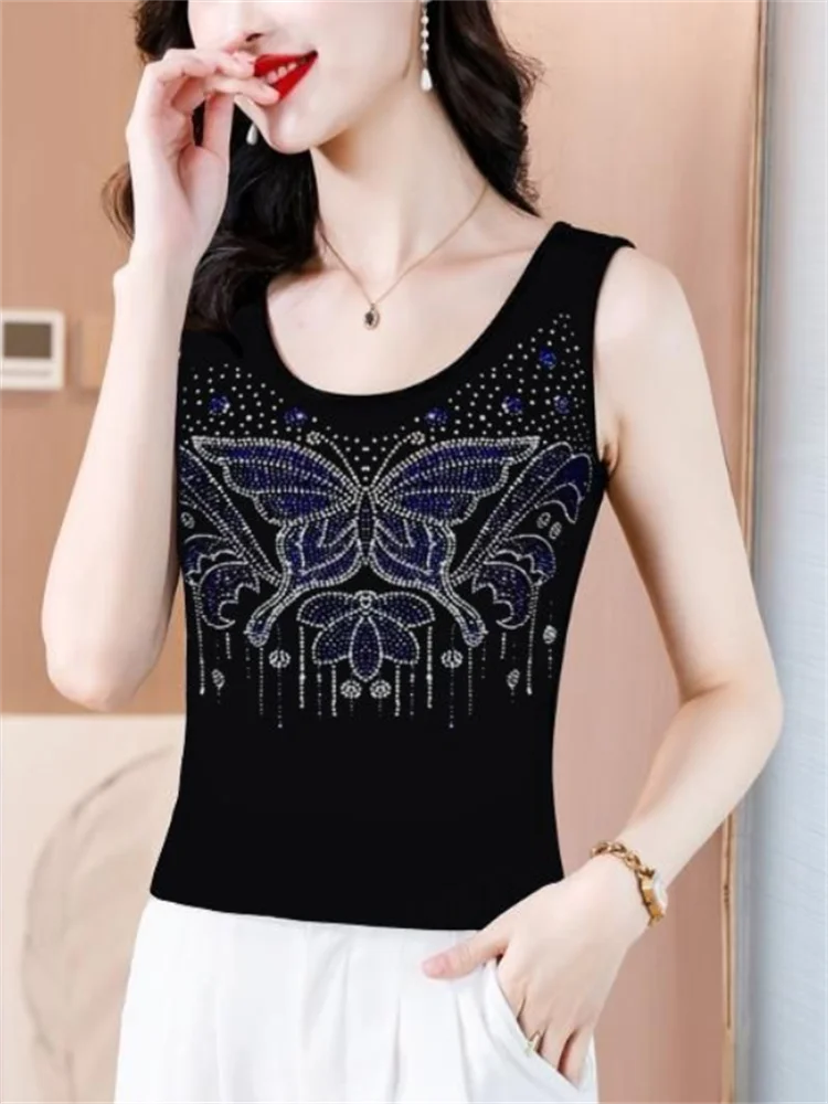 Hot Drill Vest For Women Sleeveless Top Summer Tank Top Slim Bottom Top Butterfly Camisole Outside Wear Femme Vest