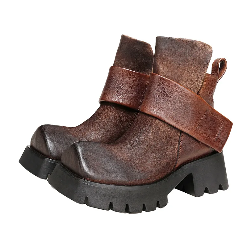 

10.5CM Comfy Boots Woman Ethnic Platform Ankle Boot Spring Big Strange Toe Cow Genuine Leather Autumn Fashion Shoes Moccasins