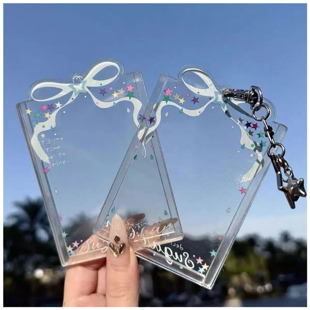 

Cute Clear credit Card Holder for Girls Pink Ribbon Bow Transparent Card Holder with Keychain Student Photocard