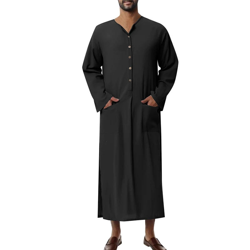 Mรคnner Muslimischen Roben Einfarbig Langarm Baumwolle Taschen Roben Taste-unten Freizeit Vintage Islamischen Arabischen Kaftan Dubai Mรคnnlich neue
