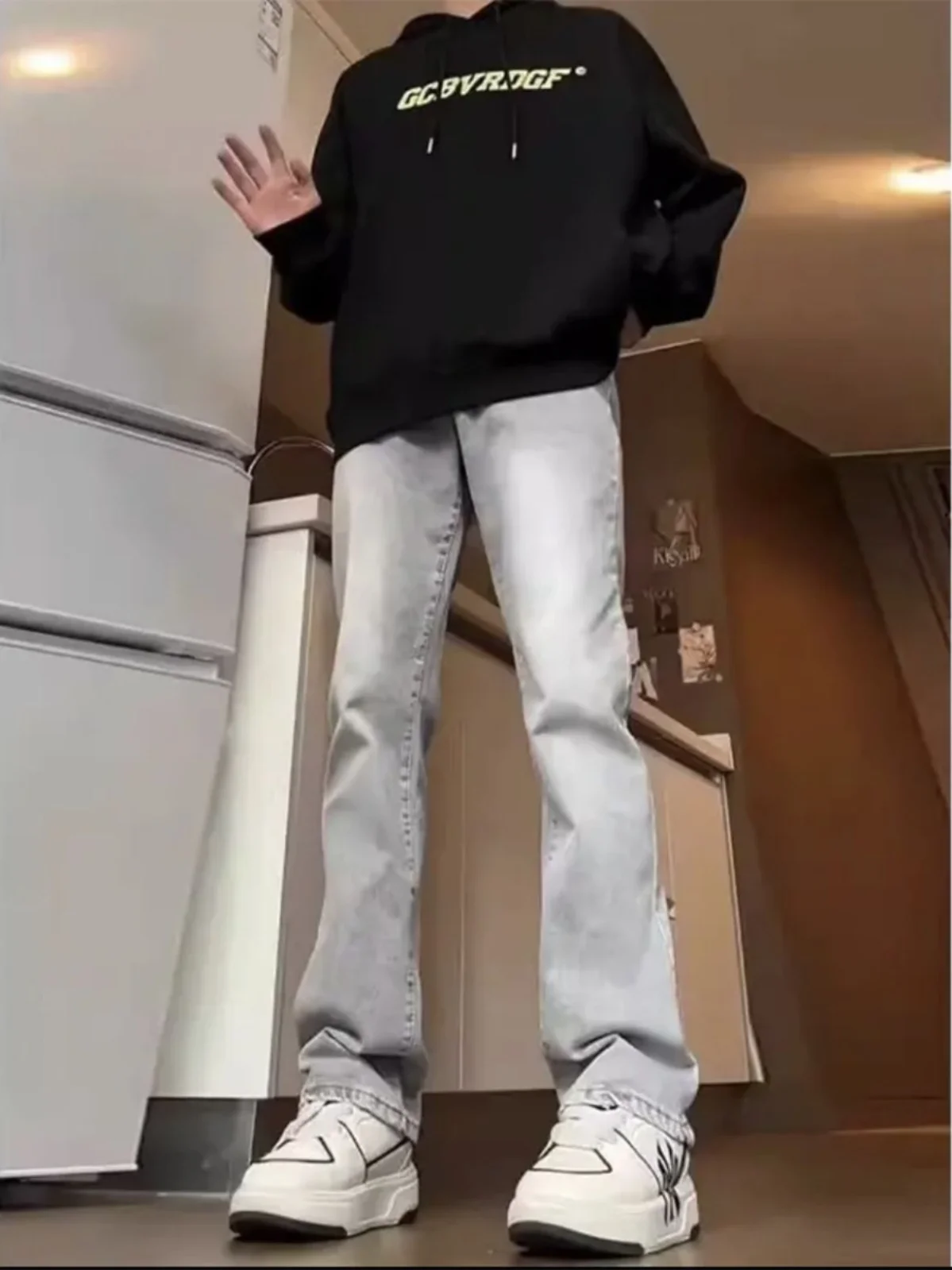 

Smoke Grey Men's Slim Fit Straight Leg Jeans Elastic Waist mid Low Waist Long Pants Cotton Polyester Regenerated Viscose Leather