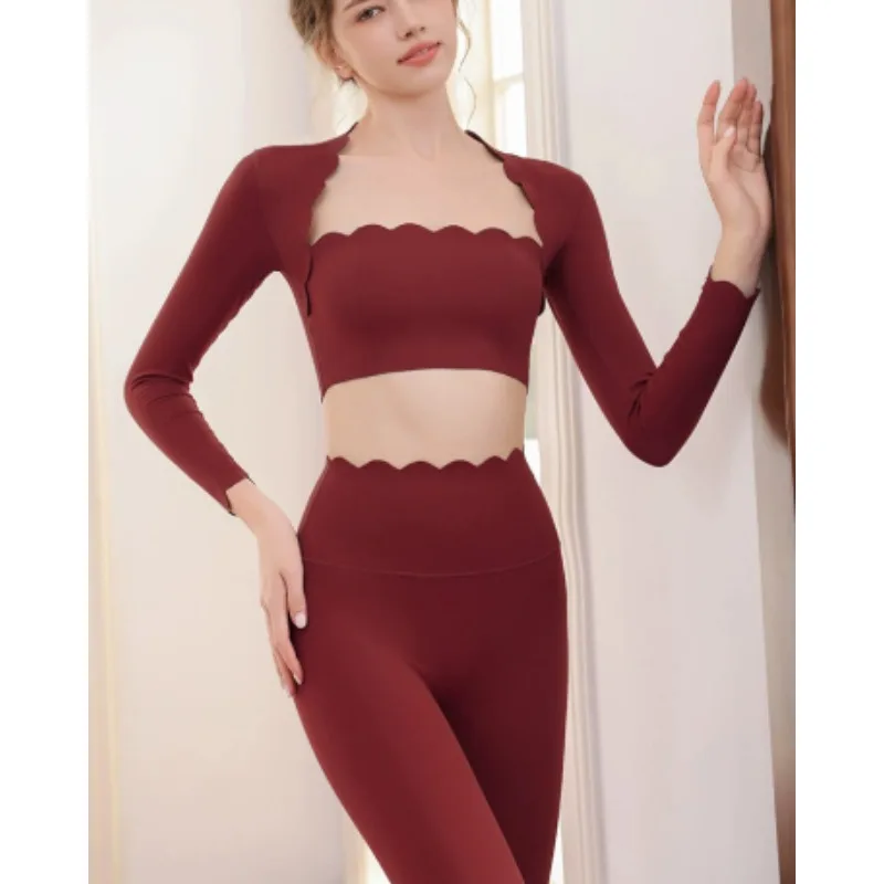 

Women's High Elasticity Shock-absorbing Sports Lace Long Sleeved T-shirt Top Set, High Waist and Hip Lifting Fitness Suit Set