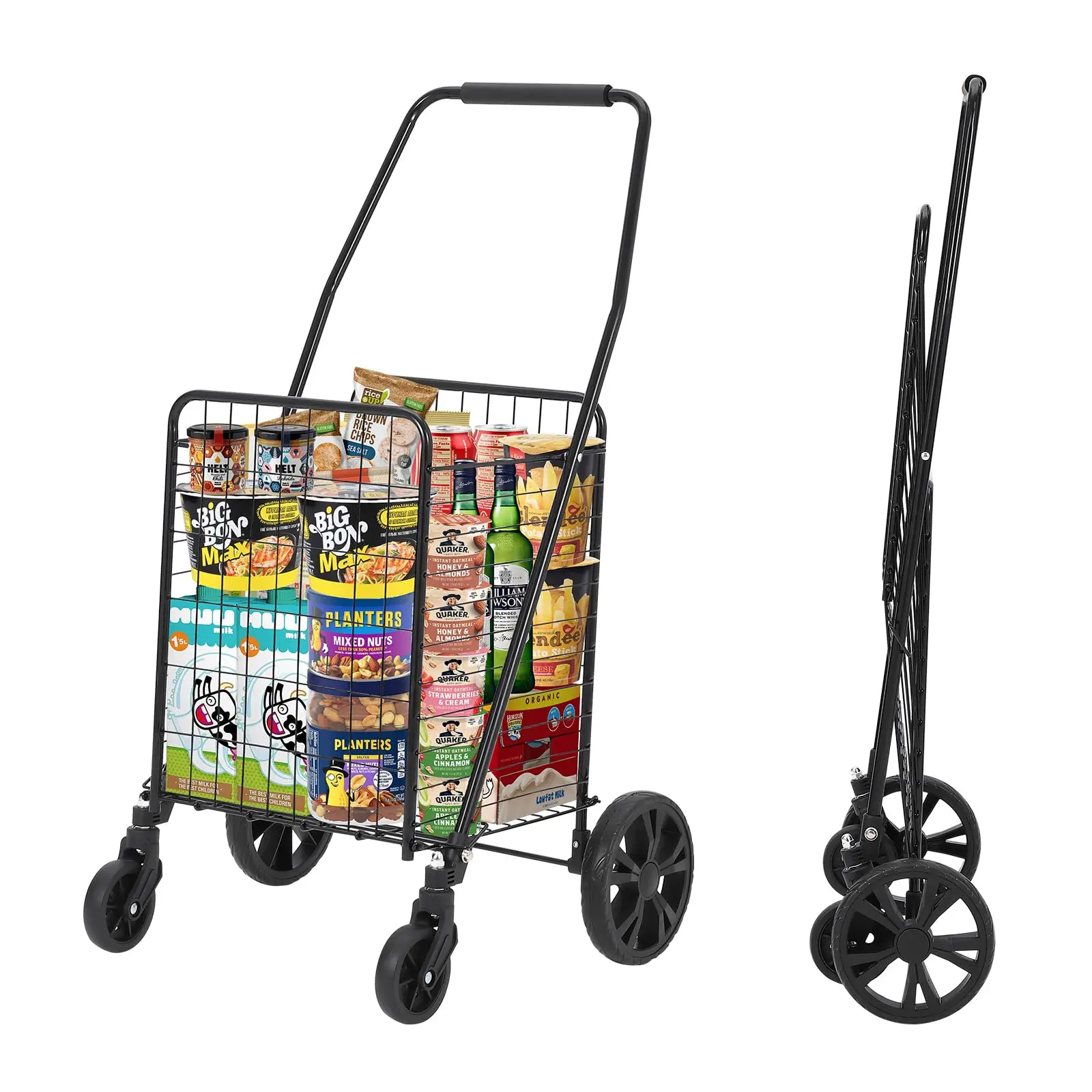 

Folding Shopping Cart 110LBS Alloy Steel Utility Cart with 360° Swivel Wheels 22 Gallon Large Basket Weighs Only 10 Pounds Colla